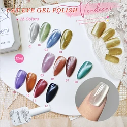 Vendeeni 12 색 유리 고양이 눈 젤 매니큐어 UV LED 다채로운 젤 크리스탈 고양이 눈 네일 광택 네일 아트 디자인 12ml