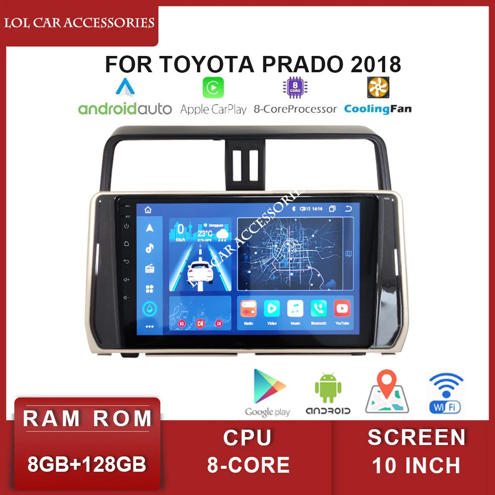 10 Inch For Toyota Prado 2018 QLED Car Radio Stereo 8 Core Android 12 GPS MP5 2 Din Head Unit Navigation Multimedia Player