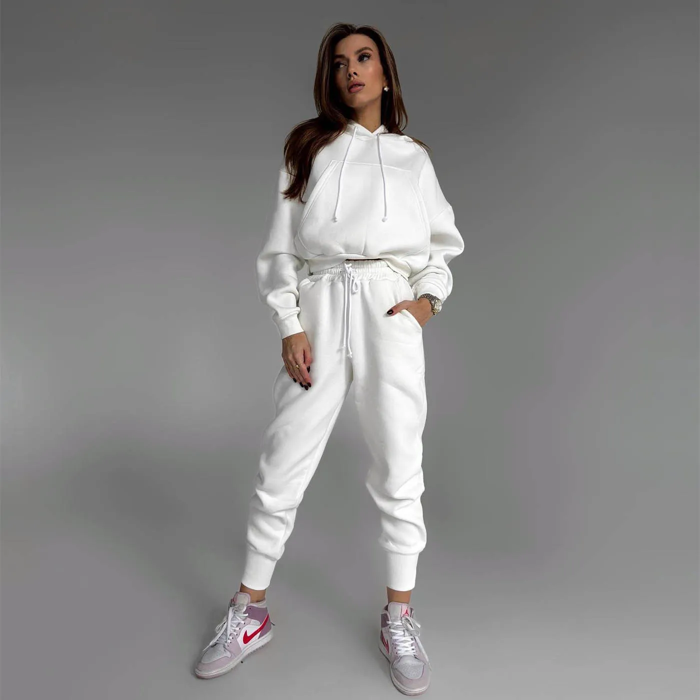 2024 pure color casual fashion sports hoodie suit women's new autumn and winter hoodie pants two-piece set