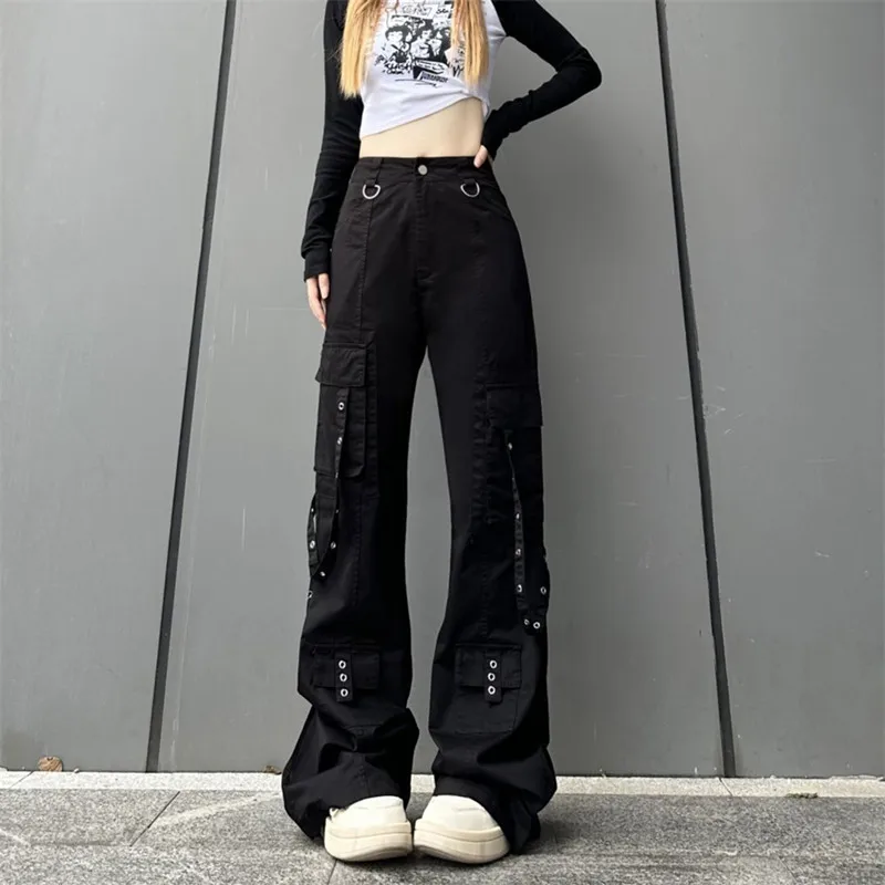 2023 Roupa Y2K Streetwear Moto Biker Black Straight Flare Cargo Jeans Pants Women Goth Clothes Harajuku Fashion Lady Trousers