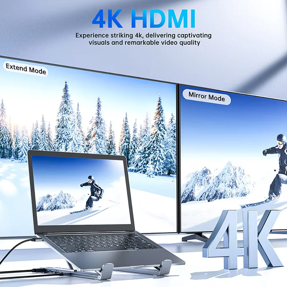 حامل الكمبيوتر المحمول الألومنيوم نوع C محطة إرساء HDMI 4K 30 هرتز نوع C محول USB3.0 5Gbps 100 واط PD شاحن لسطح المكتب ماك بوك