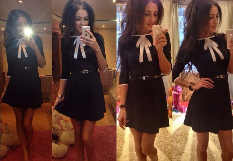 AliExpress popular spring and autumn fashion seven-quarter-sleeved dress, round neck bow bandage dress skirt in stock