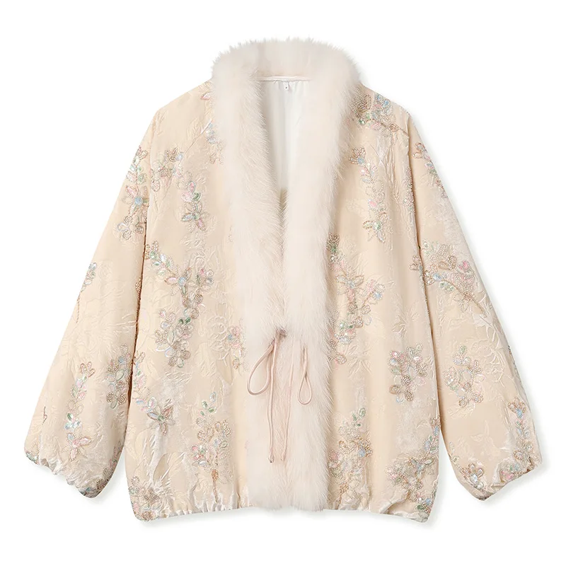 Fashionable Winter New Chinese Style Heavy Embroidered White Duck Down Jacket Women's Fox Fur Collar Down Jacket