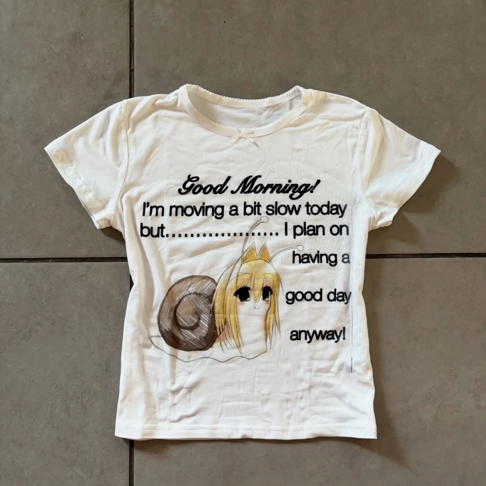 Women Anime Snail Girl Graphic T Shirt Good Morning Quote Text Print Short Sleeve Cute Cartoon Aesthetic Casual Summer Tee