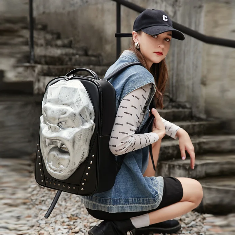 Mochila de diseño de lujo con cabeza 3D para hombre y mujer, Unisex de estilo Punk bolso de viaje, de cuero 2023, con calavera