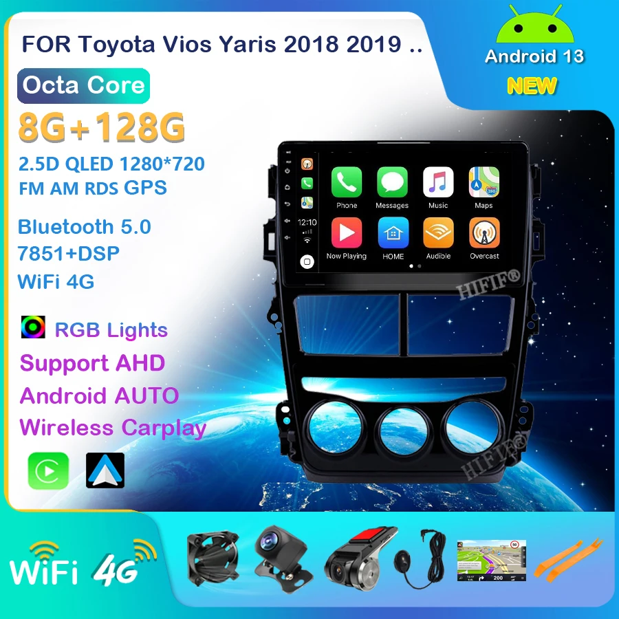 For Toyota Vios Yaris 2018 2019 2 DIN Car Radio Multimedia System GPS Autoradio Head Unit Android 13 Carplay DSP 9