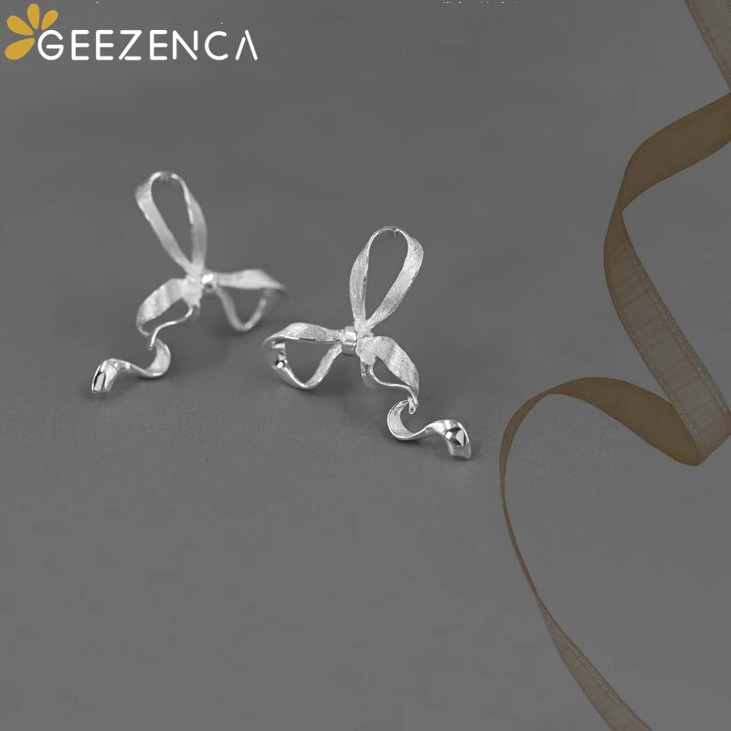 GEEZENCA 925 Sterling Silver 3D Bowknot Earrings For Women Original Design French Chic Dancing Silk Ribbon Earring 2023 New Gift