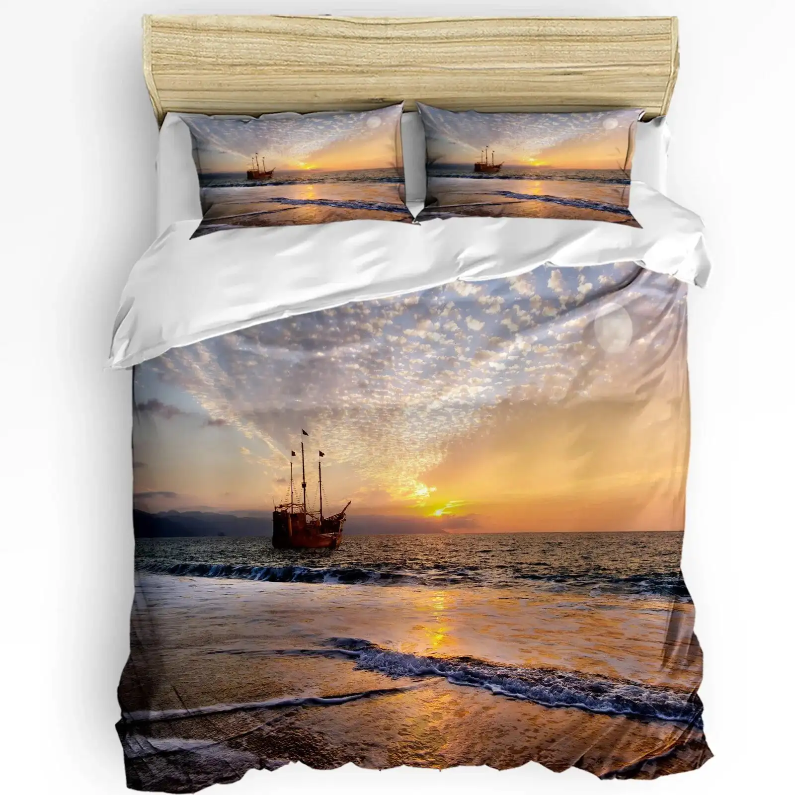 

Pirate Ship Duvet Cover Queen Size,Summer Ocean Bedding Set for Kids Teens Youth,Vintage Boat Lightning Comforter Cover,Warm