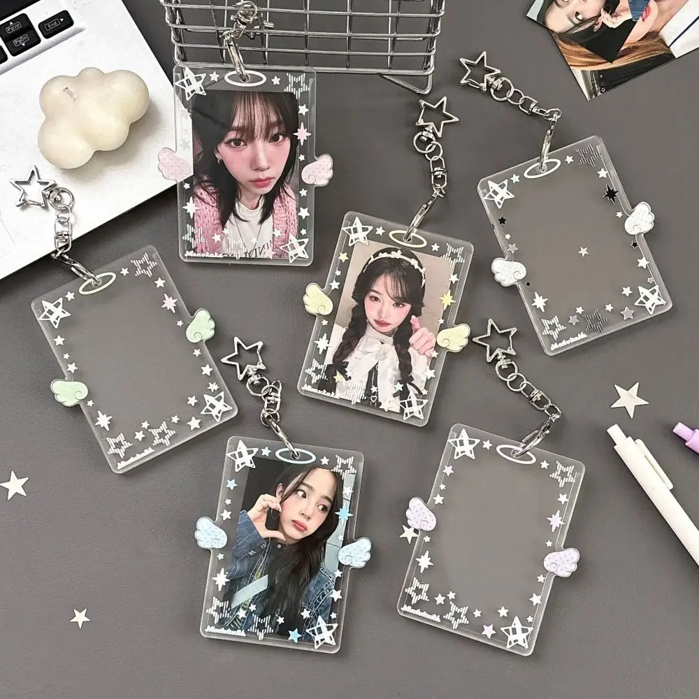 Clear Acrylic Photocard Holder 3 Inch Card Display Colorful Angel Wings Card Holder Bag Pendant Card Protector Credit ID