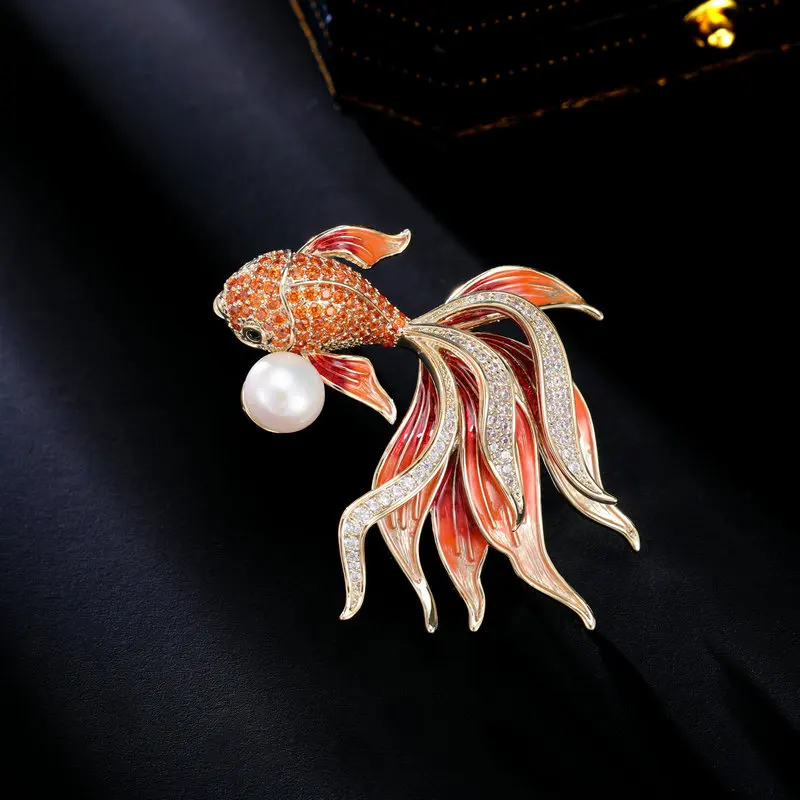 Chinese Style Lucky Koi Fish Brooch Natural Freshwater Pearl Rhinestone Enamel Brooch For Women Coat Suit Scarf Fashion Jewelry