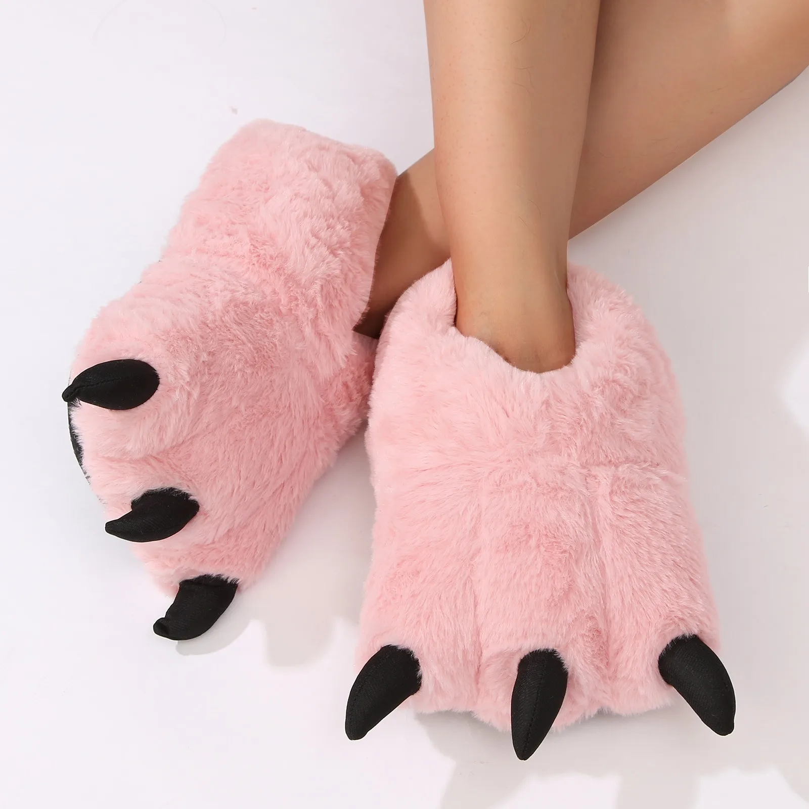 Winter Cartoon Bear Claw Shoes Pink Warm Non-Slip Home Suede Round Cotton Slippers Fun Animals Christmas Decoration Unisex