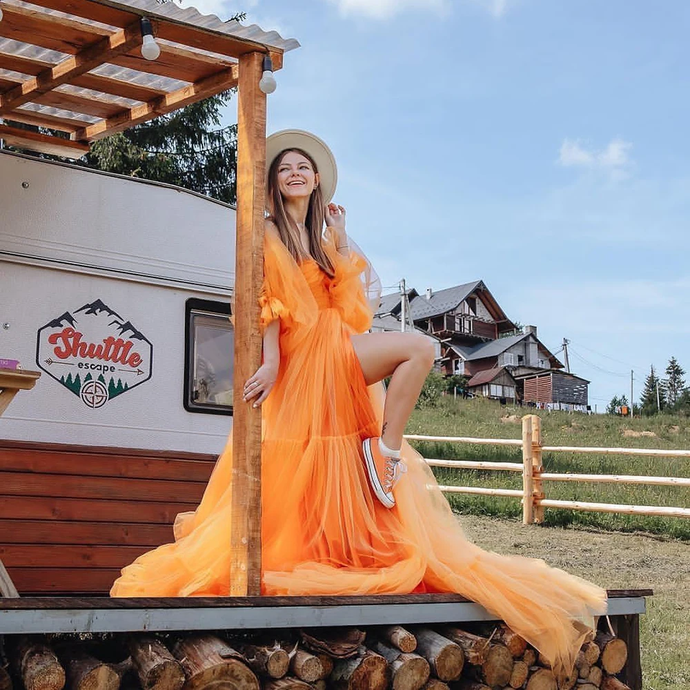 Kadisua Orange Puff Evening Dress for Women Organza Draped Floor Length Half Sleeve Split Special Event Vestidos Prom Gown 2024