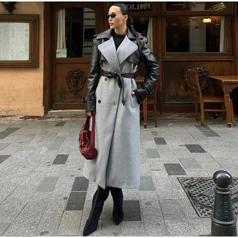 Lange Wollmäntel mit Paneelen und Gürtel, Damen, Streetstyle, Revers, lange Ärmel, Knopfleiste, lockere Jacken, Herbst, schick, neue warme Oberbekleidung – Detail 23