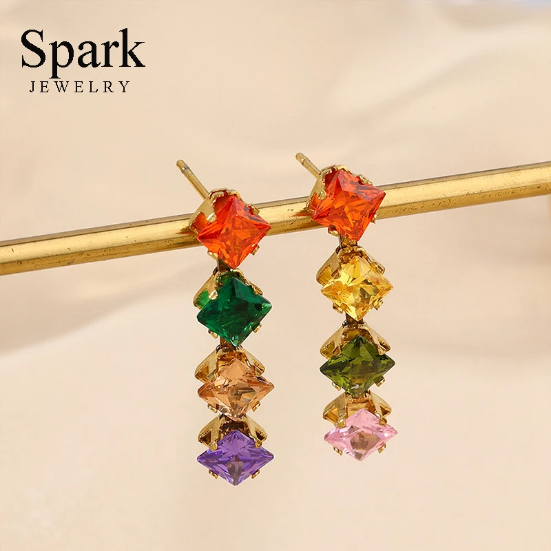 Spark Trendy Colorful Zircon Heart Square Stainless Steel Gold Color Earrings for Women Fashion Party Brithday Jewelry Gift