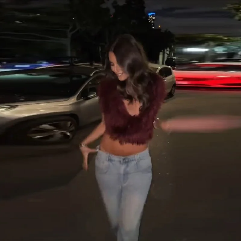 女性のセクシーなローネックフェイクファーぬいぐるみ服エレガントなバックホローレースアップクラブパーティーフード付きトップス秋の新しいソフトハイストリートウェア