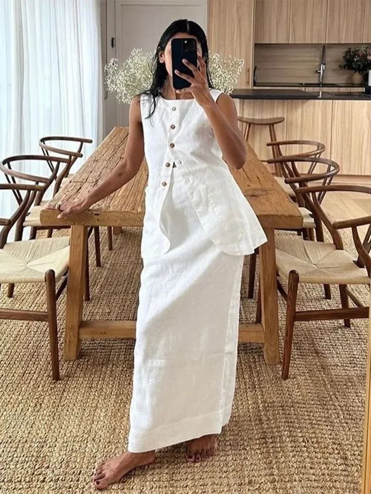 Chic Solid Sleeveless Vest Half Dress 2 Piece Set Lady Casual Outfit Chic Round Neck Button Top High Waisted Long Skirt Suits