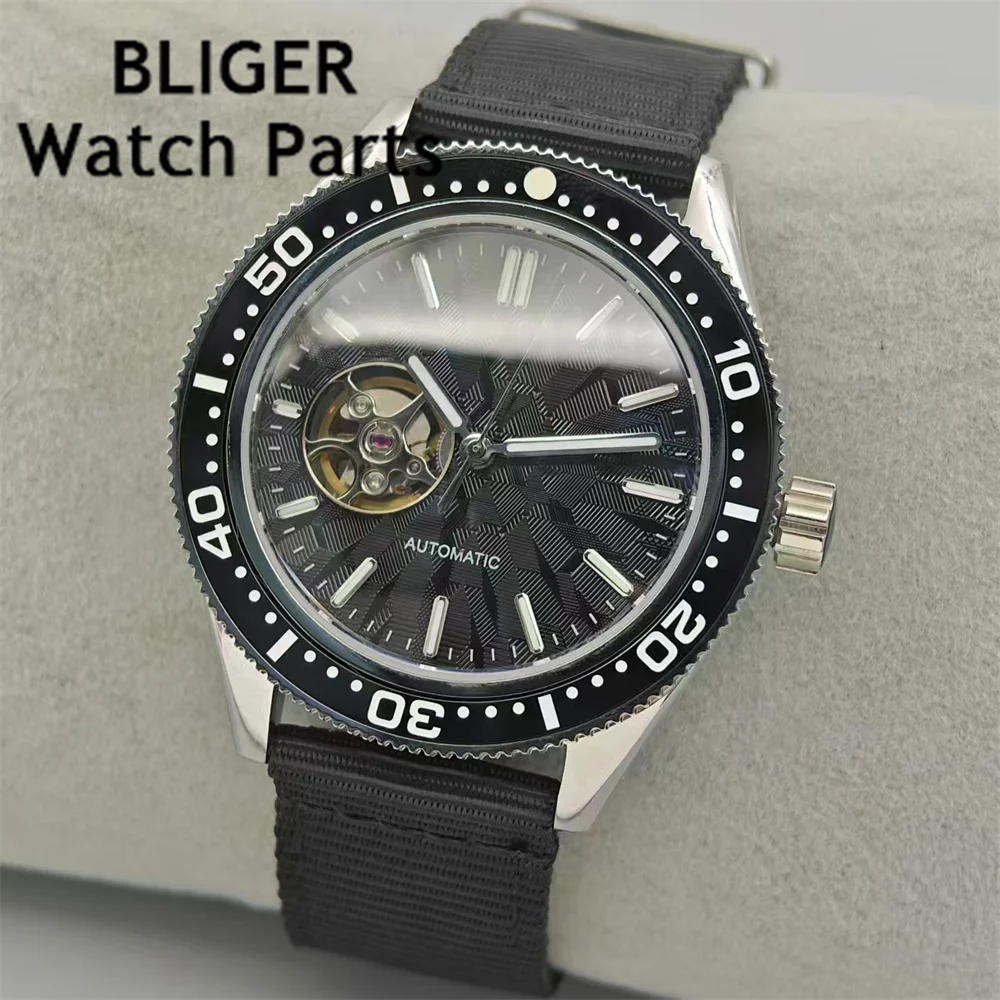 BLIGER 41.5mm NH38 Men\'s Mechanical Automatic Watch Skeleton Dial Green Luminous Domed Sapphire Crystal Nylon/Rubber Strap