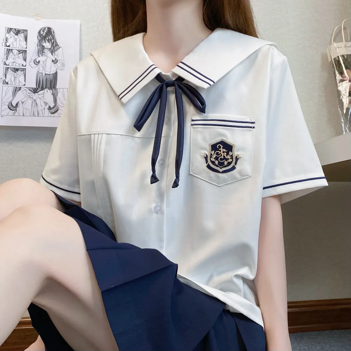 الكورية واليابانية فتاة المدرسة موحدة مجموعة الحلو الأبيض التلبيب Jk دعوى مثير مطوي تنورة فوكو أنيمي كوس أزياء التخرج النساء