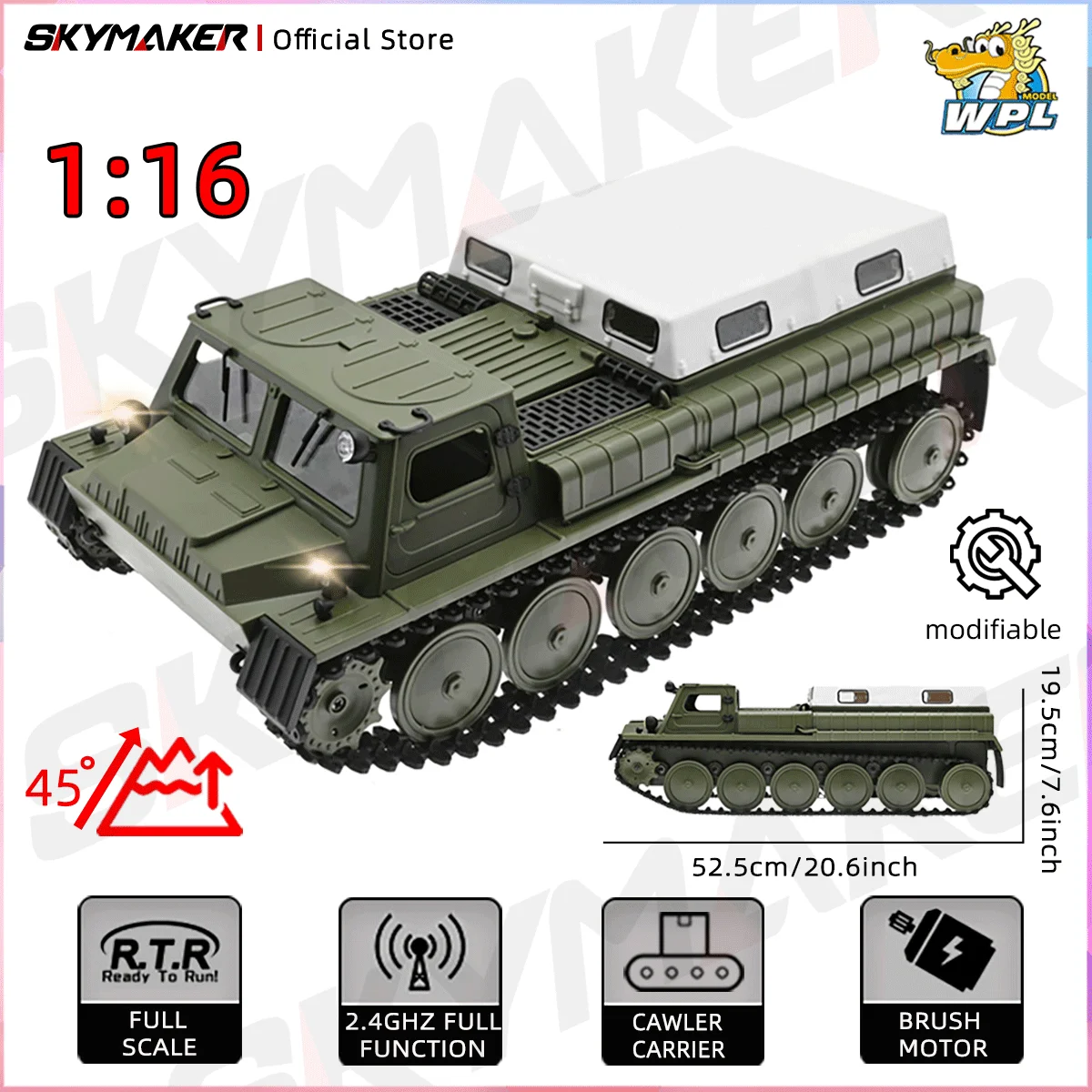 

WPL E-1 1/16 2.4G RC Tank Toy 4WD Super Crawler Tracked Remote Control 1:16 Off-Road Vehicle Electric kids RC Toys for Boys