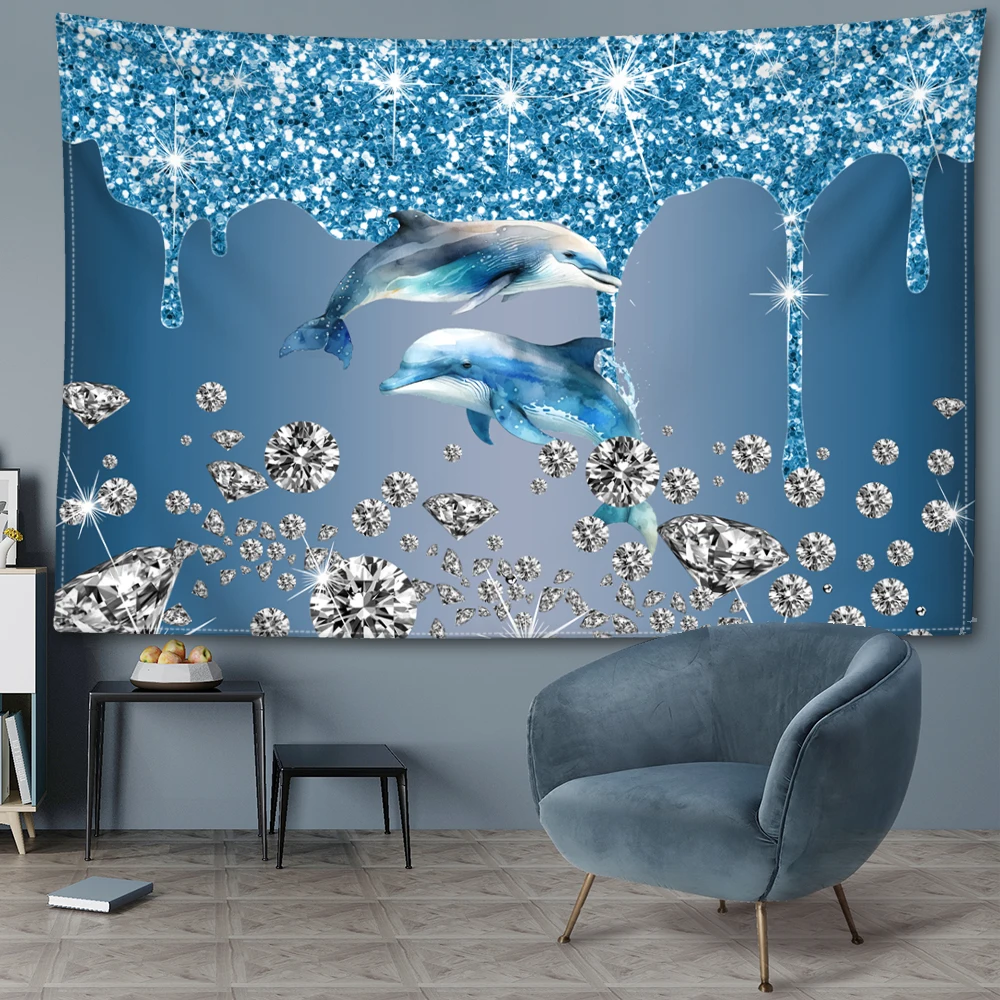 Blue shiny dolphin printed tapestry, fashionable modern style, wall decoration for bedrooms, study rooms, and living rooms