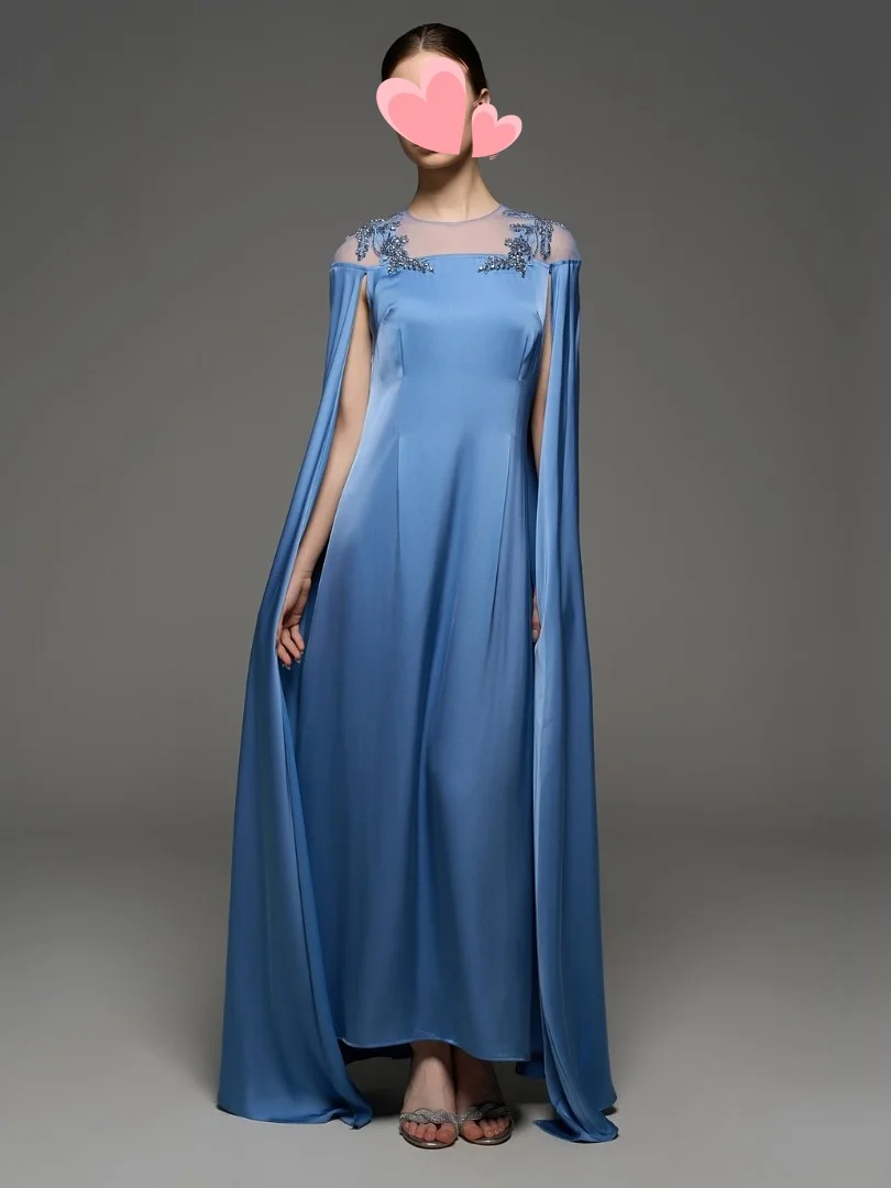 

Oisslec Prom Dress Elegant Vintage Sweet Blue Beads Satin New Cape Customized Formal Occasion Prom Dress Evening Party Gowns