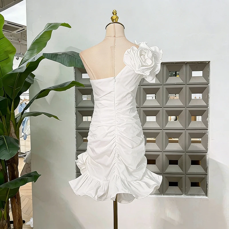 KBQ Slim Spliced Appliques Backless Ruffled Dresses for Women Diagonal Collar Sleeveless Patchwork Ruched Bodycon Dress Female