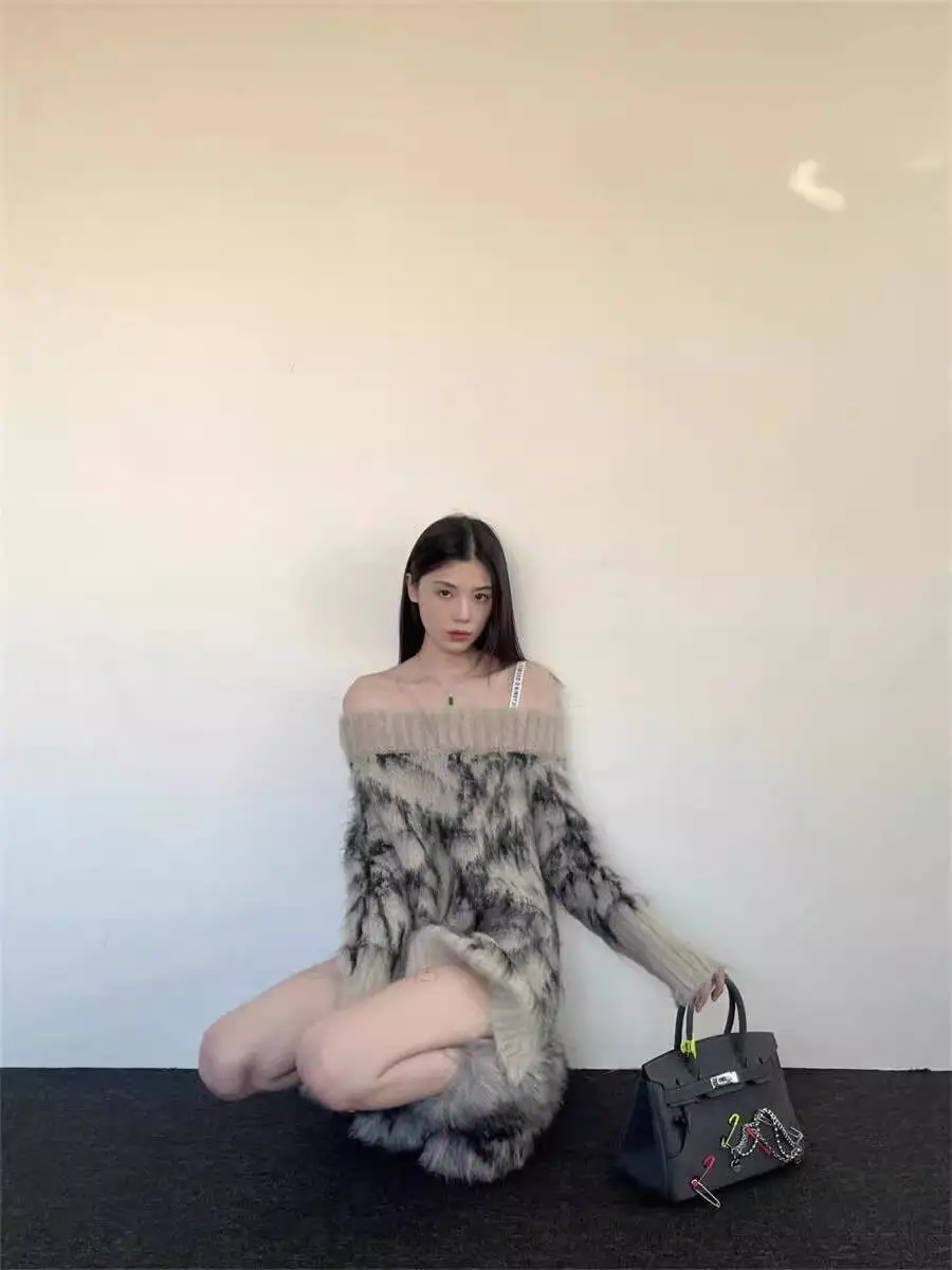 2025 Autumn Winter New Fur Knitting Sweater Women's Lazy Style Off Shoulder Knit Sweater Multi Way Wear Warm Soft Design Top
