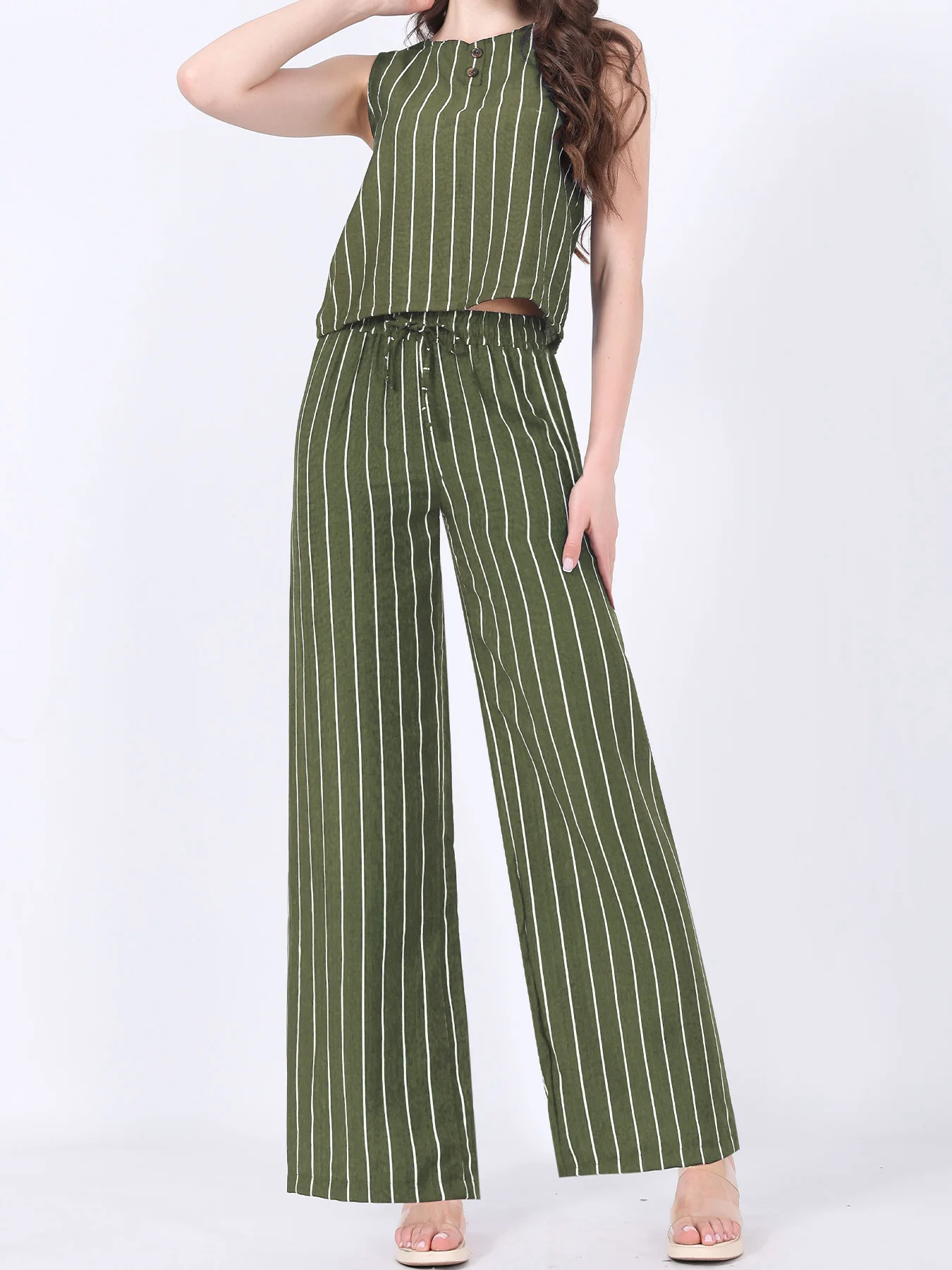 Gestreiftes zweiteiliges Outfit für Damen, ärmelloses Tanktop mit Knöpfen und elastische Hose mit weitem Bein und Kordelzug, lässiger Urlaubskostüm – Detail 35