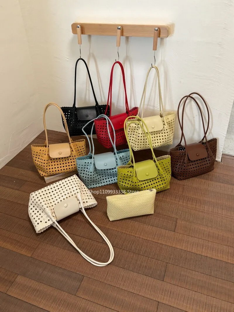 New Solid Hollow Grid Embossed PU Open Top Shoulder Bag Matching Small Woven Coin Pouch Simple Snap Flap Thin Long Hand