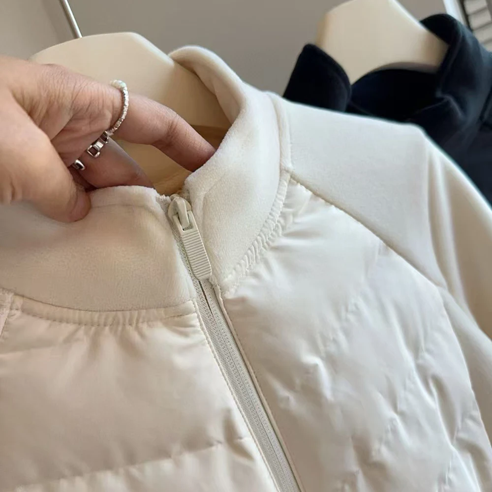 Slanke donsjassen voor dames Winter Nieuwe warme zachte fleece patchwork Outerwears Harajuku Casual All-Match effen winddichte jassen