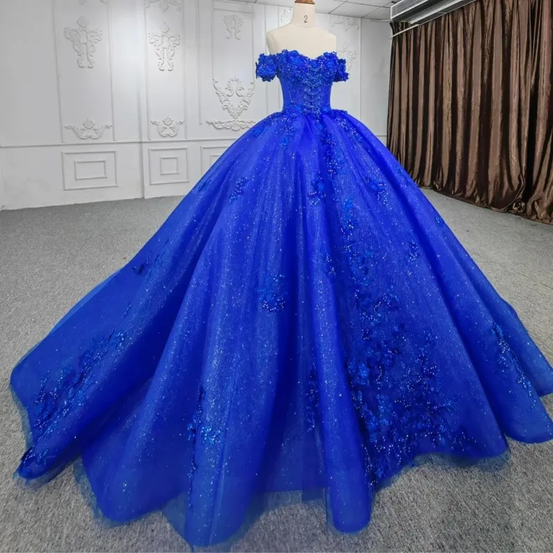 

Blue Shiny Princess Ball Gown Long Quinceanera Dresses Lace Crystal Beads 3DFlower Tulle Scoop Neck Corset Sweet 15 Party Dress