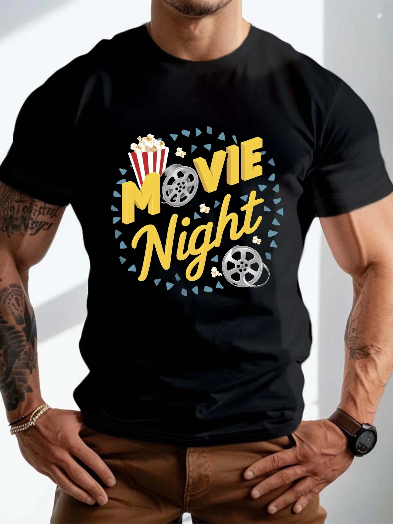 Featuring a Popcorn Film Reel Design T-Shirt 100% Cotton O-Neck Short Sleeve Summer Casual Mens T-shirt Streetwear