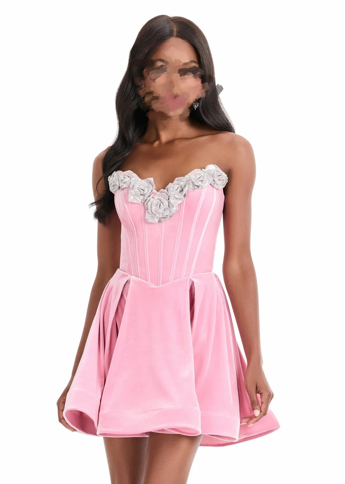 

Luxury Pink Velvet Mini Dress 2025 Elegant Strapless Floral Appliqué Sweetheart Neck Party Cocktail Short Dress for Women