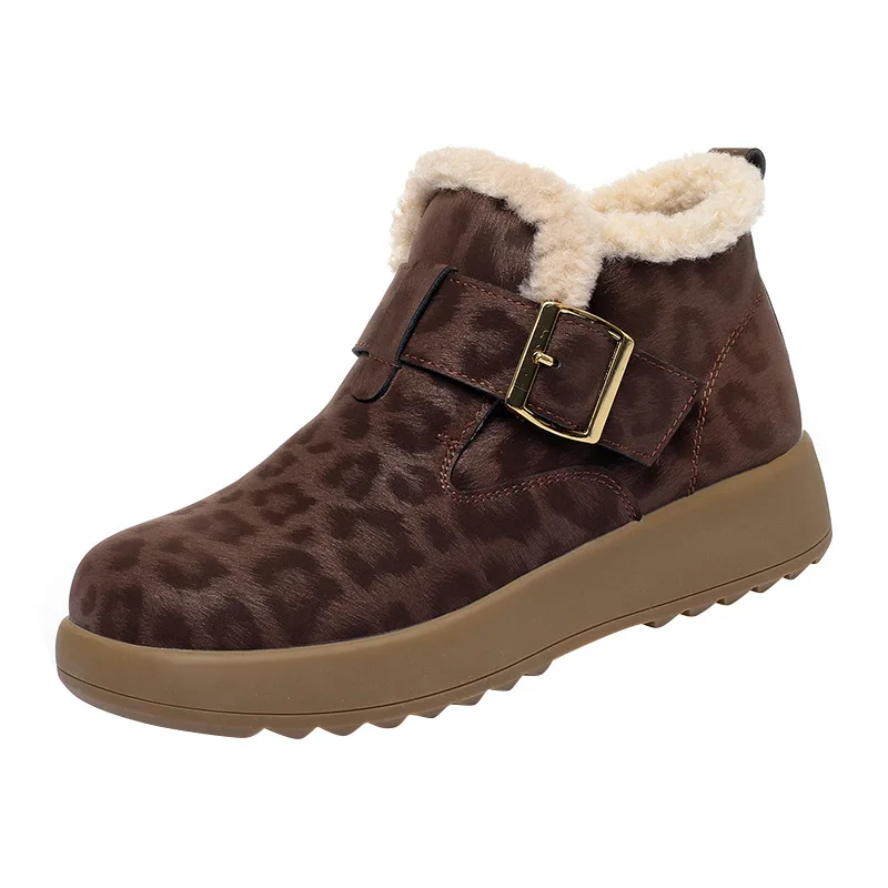 

Уличные удобные леопардовые зимние ботинки 3 см, женская обувь на плоской платформе, зима 2025 г., повседневные теплые короткие ботильоны на меху на каждый день