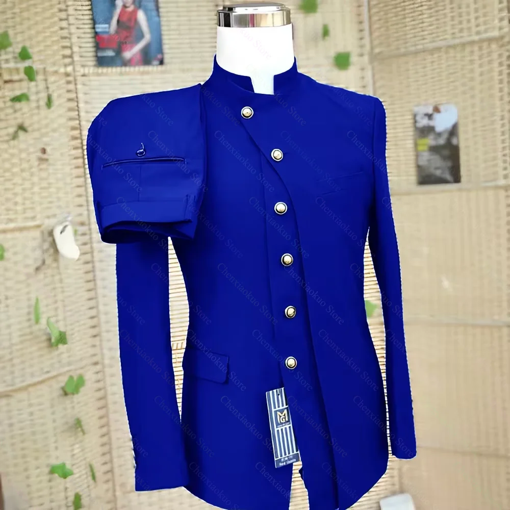 Men's Mandarin Collar Suit Asymmetrical Button-Front Design Outfits Unique Formal Casual Fashion Solid Color Male Suit 2 Piece