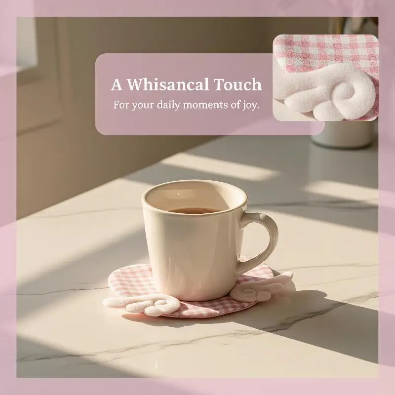 Angel Wing Heart Cup Coaster Sweet Girly Aesthetic Plaid Anti-Scald Table Mat for Daily Home Use 1Pcs