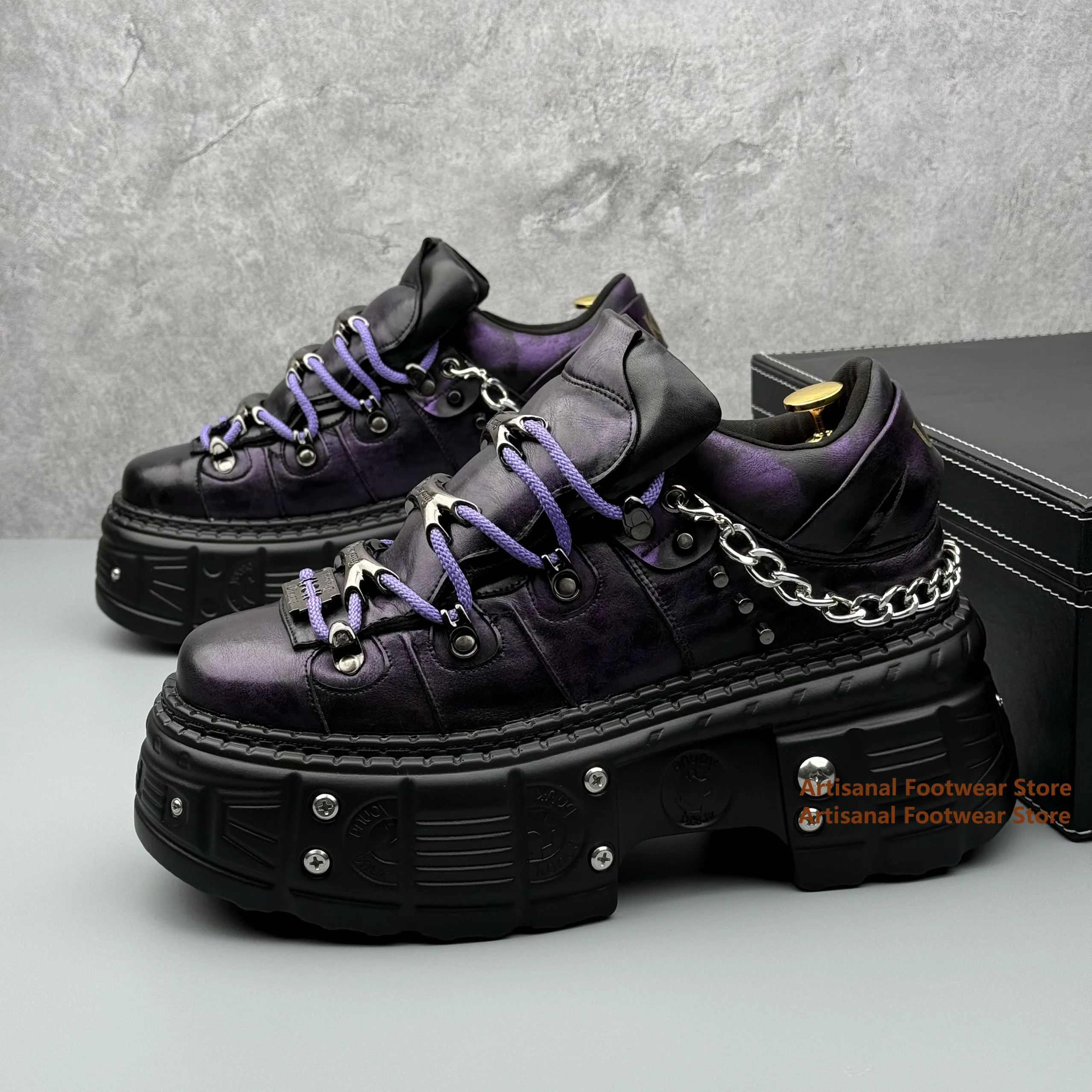 Thick-Soled Men's Shoes Metal Chain Punk Rock Style Mixed Color Derby Shoes Designer New In Trendy Handmade Outdoor Men Shoes