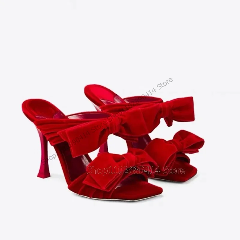 Rose Red Corduroy Bow Knot Decor Open Toe Slippers Slip On Women Shoes Thin High Heel Fashionable Party 2023 Zapatos Para Mujere