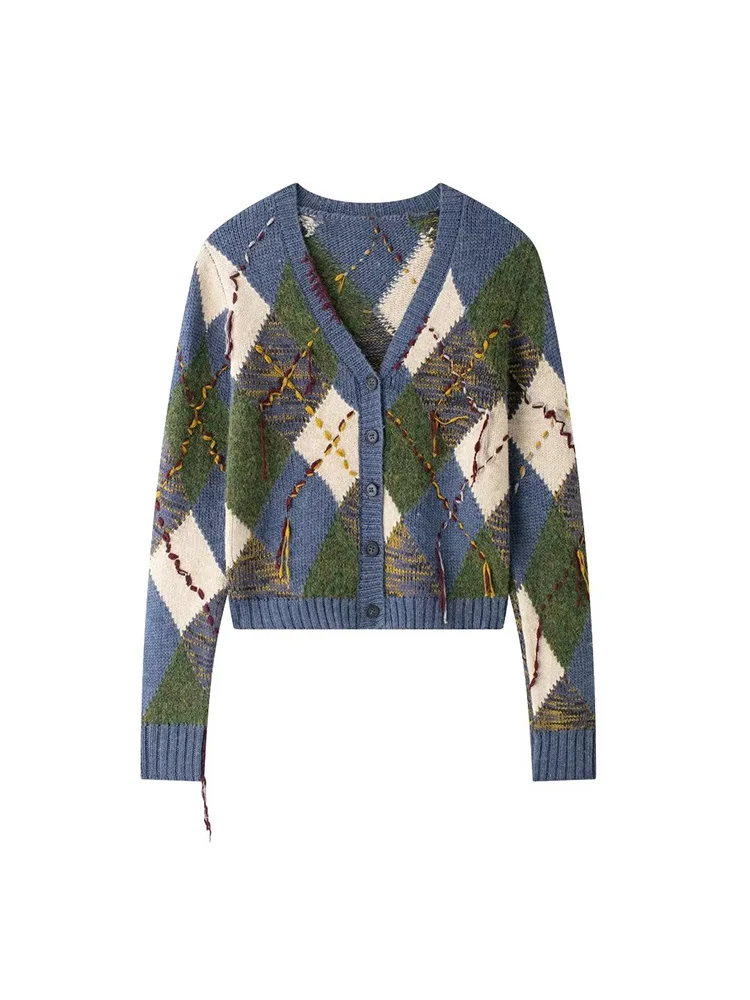

Willshela Women Fashion Argyle Plaid Single Breasted Knitted Sweater Vintage V-Neck Long Sleeves Female Chic Lady Outfits