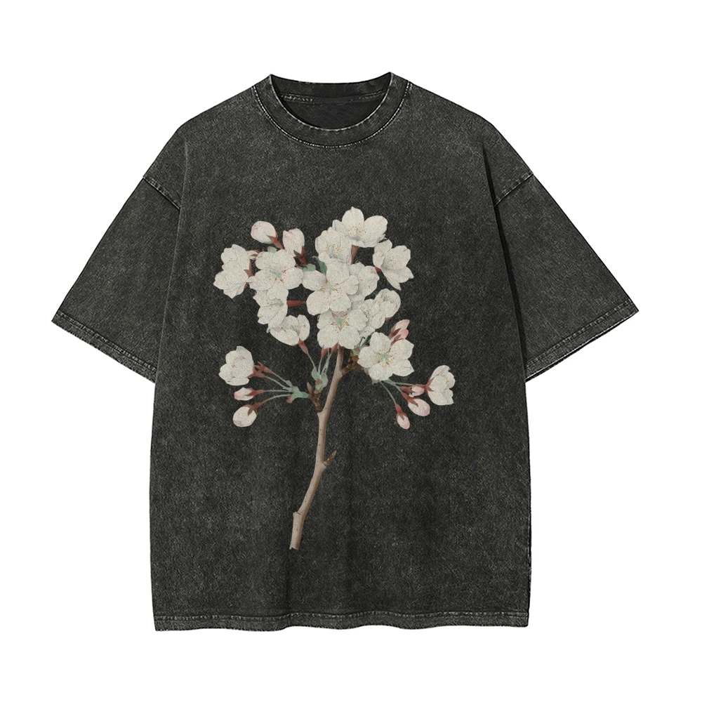 

Vintage Oversized Y2K Cotton Casual Women's T - Shirt, Short Sleeve Round Neck Fitted,Hand - Drawn Cherry Blossom Branch Print
