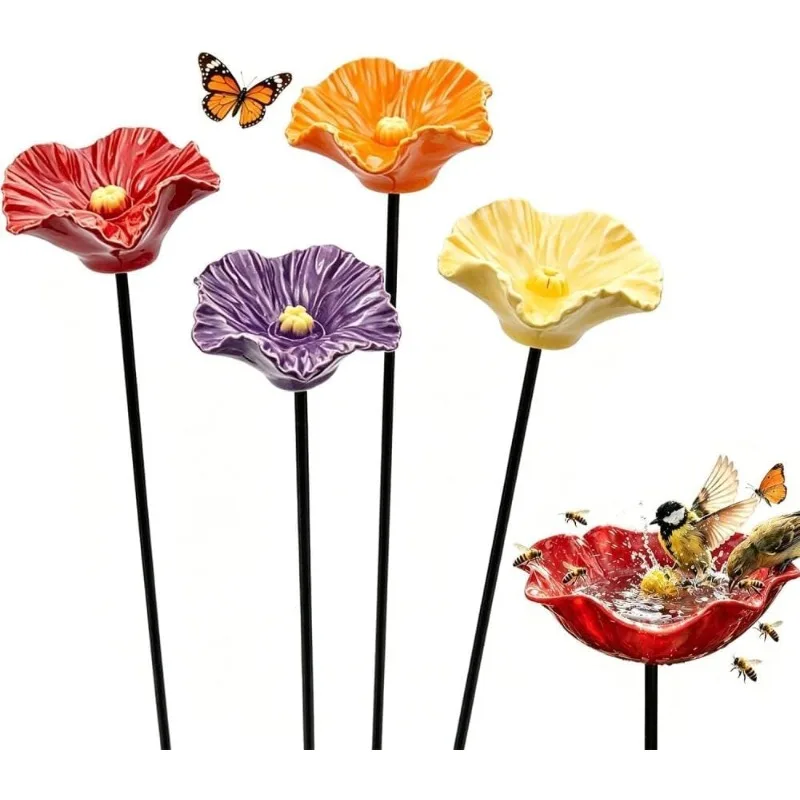 Ceramic Garden Watering Stakes, Flower Shaped Bird Bee Butterfly Water Bowls for Outdoor Patio Yard Planter Decor