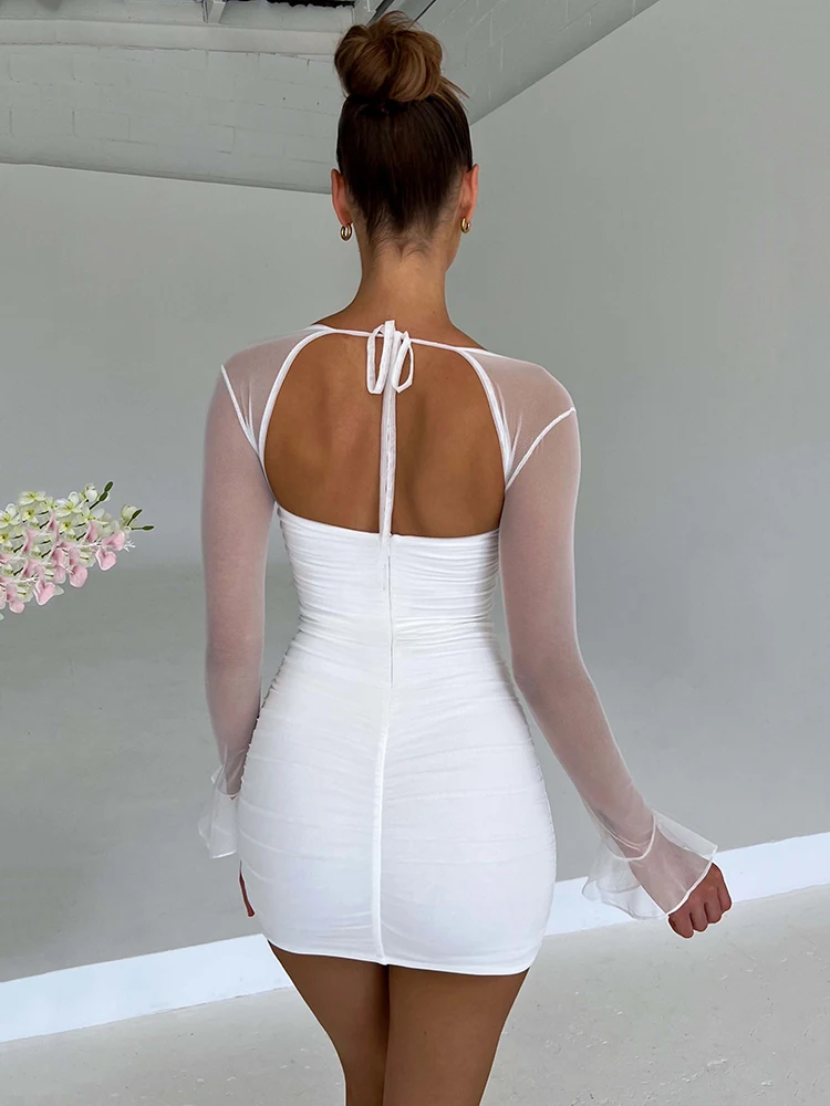 Mozision Elegant Backless Sexy Mini Dress For Women Robe Two Layer Mesh Full Sleeve Zipper Bodycon Party Short Dress Vestido