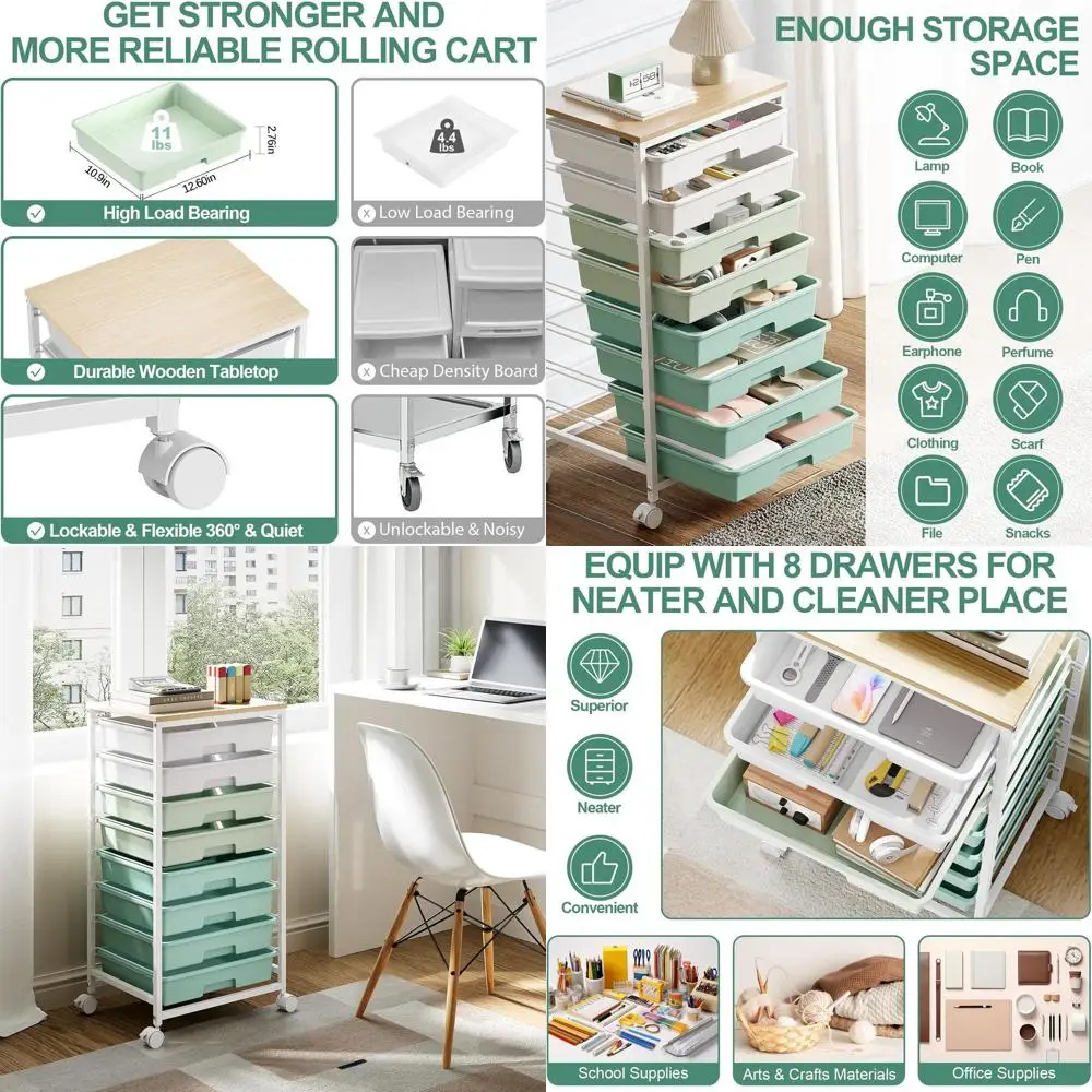 

8-Drawer Storage Cart with White and Wooden Elements for Classroom and Office Organization