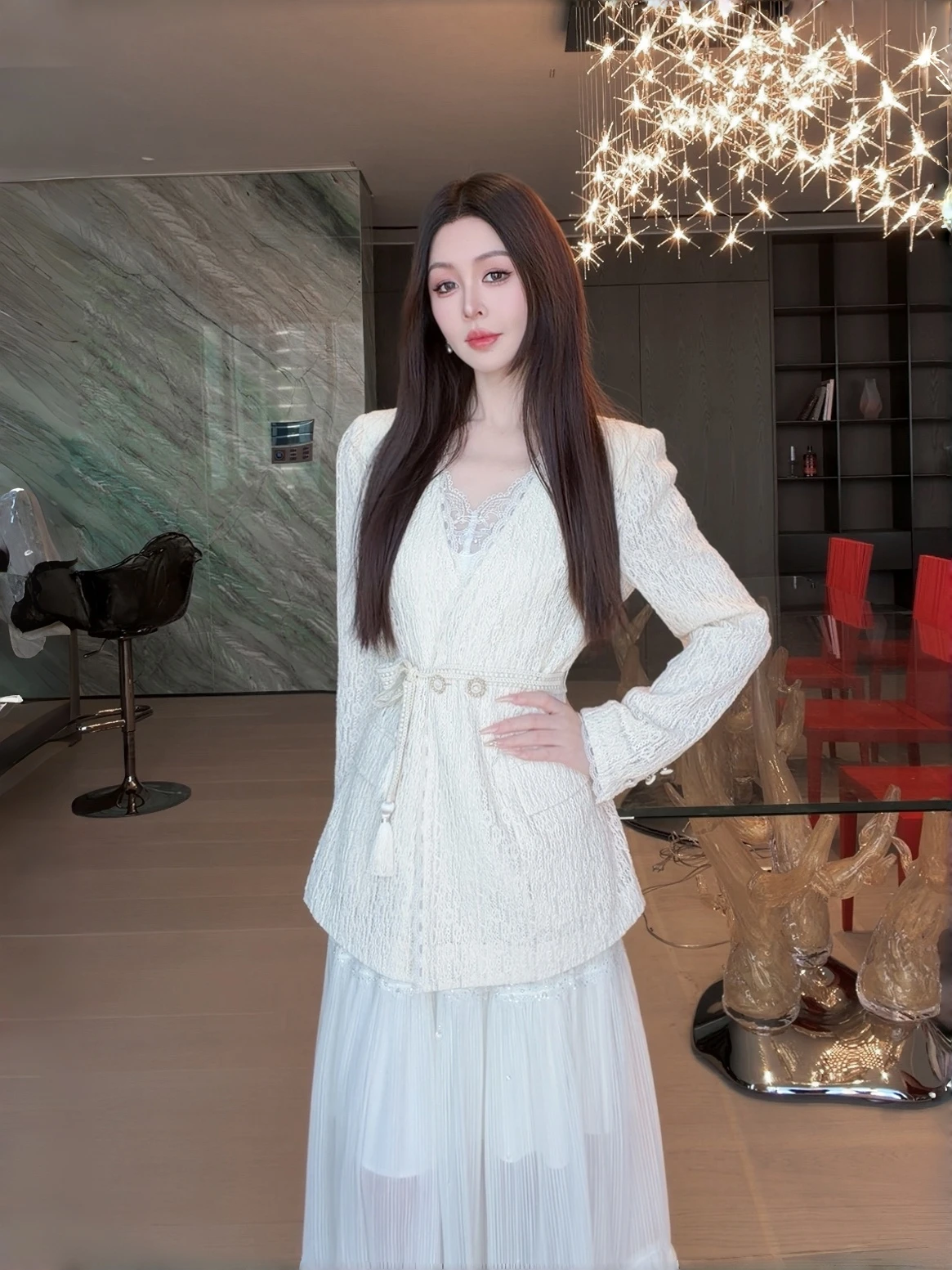 

Exquisite Texture Cotton Blend Lace Suit Jaet V-Ne New 2026 Spring Casual Loose Fit Long Sve Women's Faion