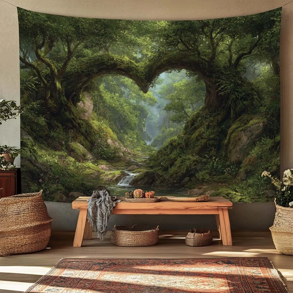 Una tapicería  poliéster con un diseño  corazón  amor en un bosque, perfecta para corar un dormitorio. Esta obra  arte