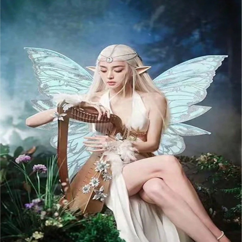 Adult Women Shiny Transparent Angel Wings, Large Gold Foil Four-Leaf Butterfly Fairy Wings for Halloween Costume