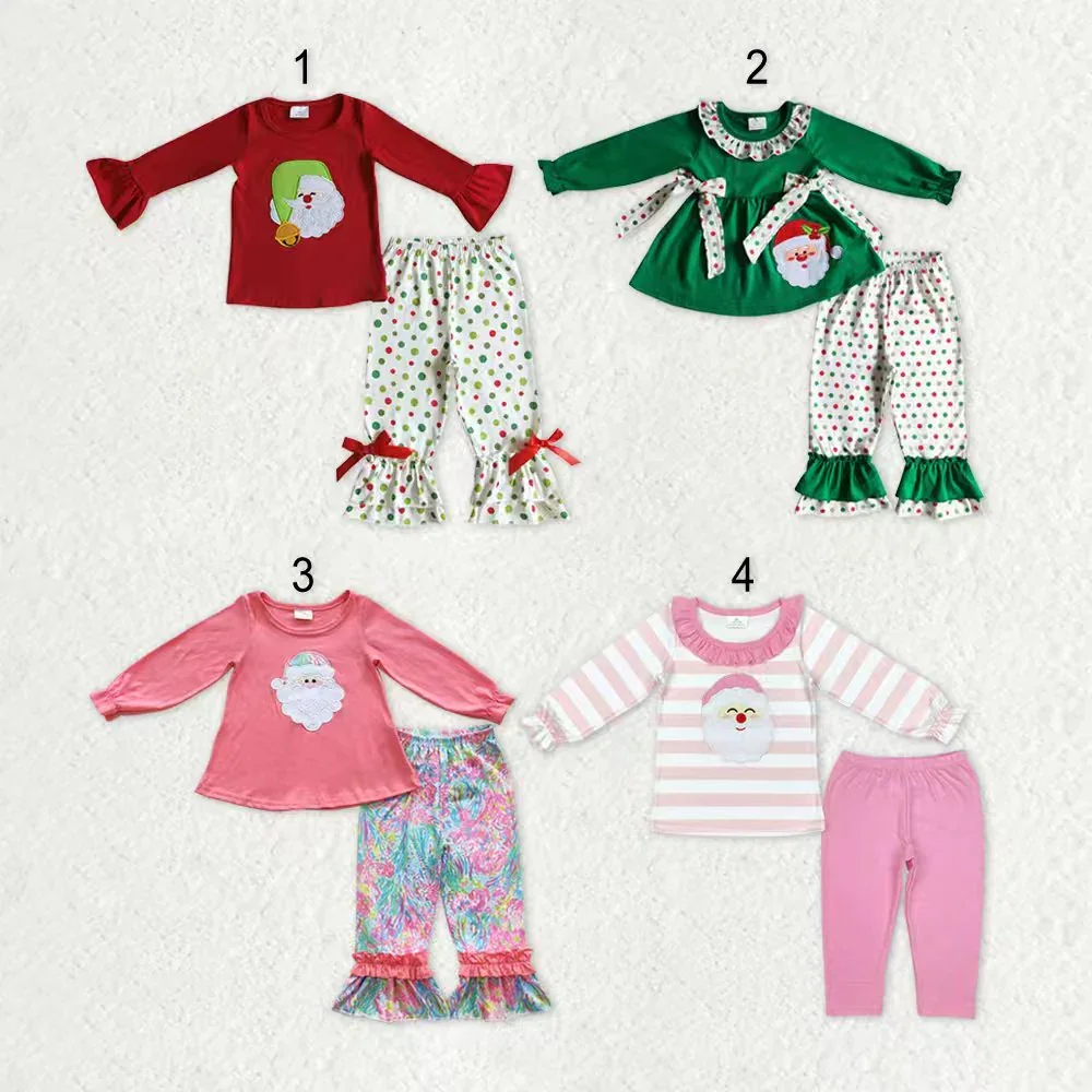 

z93-01 GLP0163 Wholesale Winter Matching kids Christmas Santa Embroidery long sleeve pants suit Boutique baby girls clothes