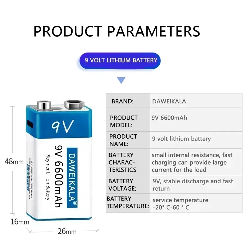 9V 6600mAh Battery Li-ion Rechargeable Battery Type-C USB Batteries 9V Lithium for Multimeter Microphone Toy Remote Control