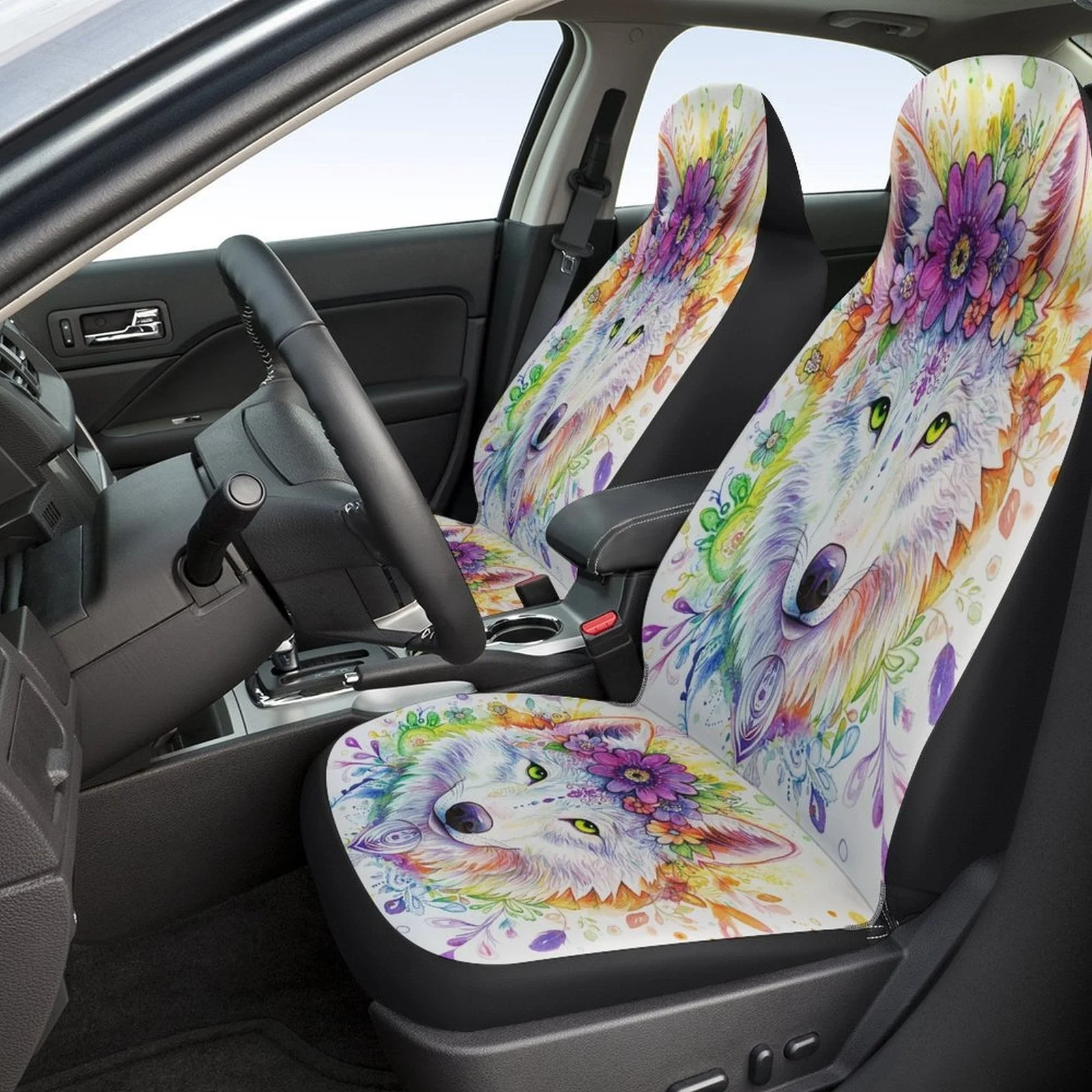 Car Seat Cover Set Featuring A Wolf And Flowers, Suitable For Various Vehicles. Stylish And Custom-Made, These High-Quality Cove