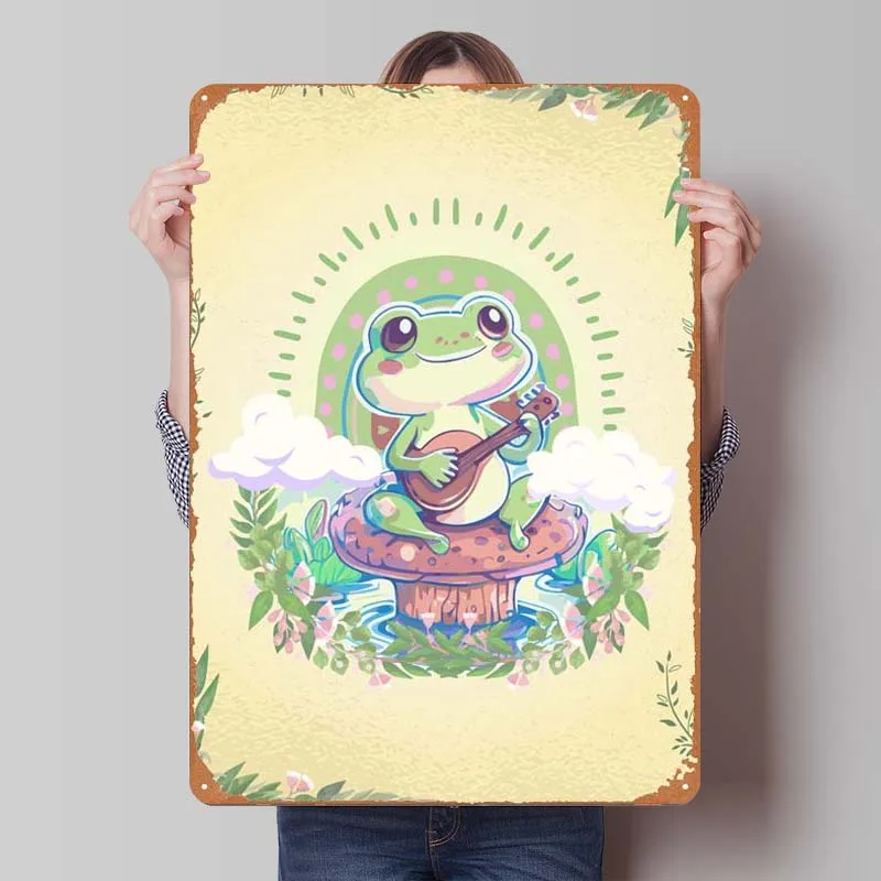 Positive Cottagecore Frog Metal Sign Poster Kids Gift Retro Tinplate Sign for Children's Room Decoration Coffee Bar House Decor